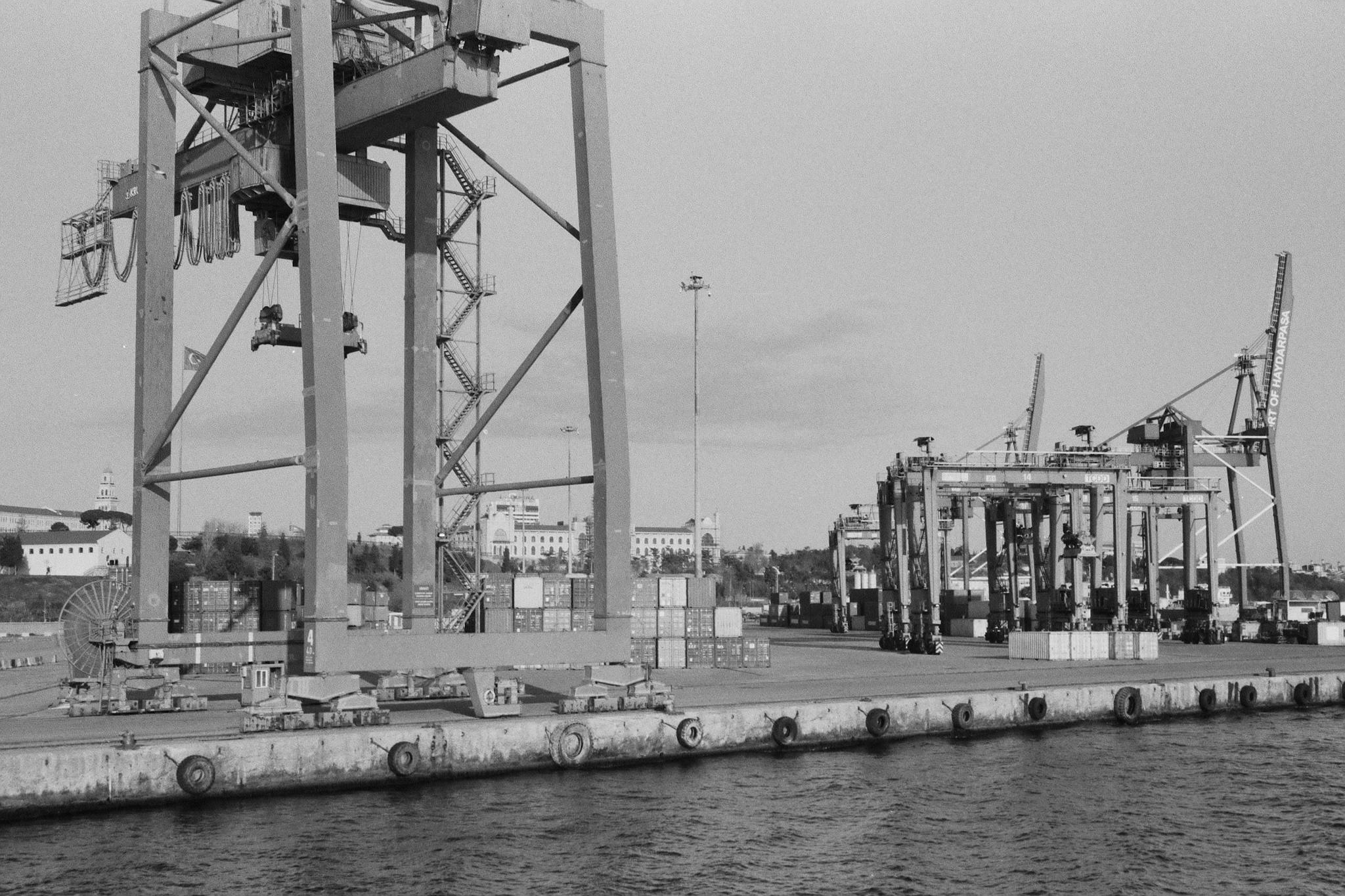 Black and white image of a shipping port featuring massive cargo cranes and containers.